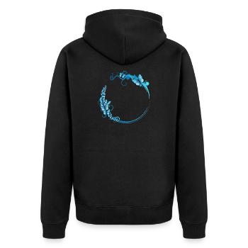 blauer Schmetterlings Rahmen für eigene Texte - Unisex Premium Bio Zip Hoodie - Schwarz - Hinten - Nico (187cm)