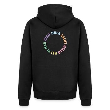 Hola Salut Hello Hej Ni Hao Ciao - Unisex Premium Bio Zip Hoodie - Schwarz - Hinten - Nico (187cm)