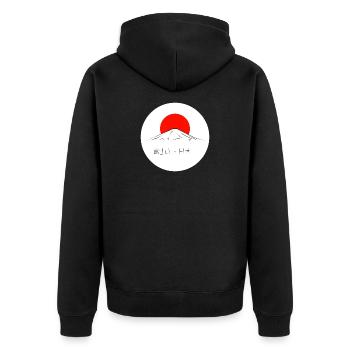Der Berg Fuji auf der aufgehenden Sonne - Unisex Premium Bio Zip Hoodie - Schwarz - Hinten - Nico (187cm)