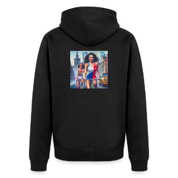Zwei Mädchen, die im Retro-Warschau-Stil radeln - 80er-Jahre-Stil - Unisex Premium Bio Zip Hoodie - Schwarz - Hinten - Nico (187cm)