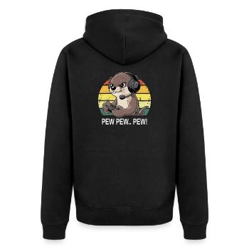Pew Pew Gamer Otter - Unisex Premium Bio Zip Hoodie - Schwarz - Hinten - Nico (187cm)