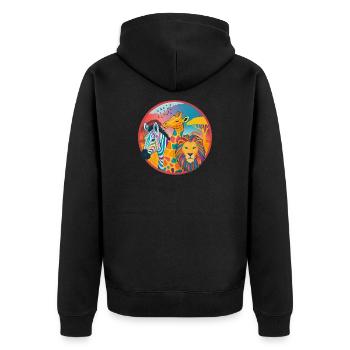 Colorful savannah trio: zebra, giraffe, lion - Unisex Premium Organic Zip Hoodie - black - Back - Nico (187cm)