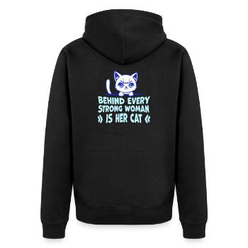 Behind Every Strong Woman Is Her Cat Spruch Katze - Unisex Premium Bio Zip Hoodie - Schwarz - Hinten - Nico (187cm)