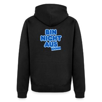 Ich bin kein Zucker – Blaue Bubble-Text - Unisex Premium Bio Zip Hoodie - Schwarz - Hinten - Nico (187cm)