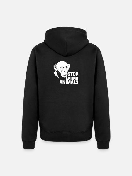 Stop Eating Animals – Chimpanzee Design - Unisex Premium Organic Zip Hoodie - black