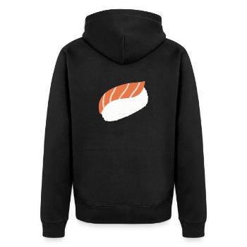 Salmon Nigiri Minimal-Illustrationsdruck - Unisex Premium Bio Zip Hoodie - Schwarz - Hinten - Nico (187cm)