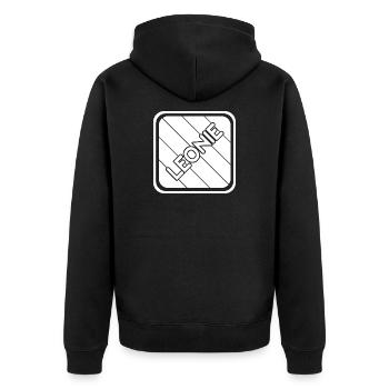 Lettrage Leonie sur bandes diagonales - Veste à capuche bio Premium Unisexe - noir - Dos - Nico (187cm)