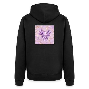 Axolotl Purple Metallic auf Goldmarmor - Unisex Premium Bio Zip Hoodie - Schwarz - Hinten - Nico (187cm)