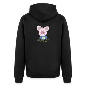 Schwein "Hab' ich 'n Glück" Illustration Kinder - Unisex Premium Bio Zip Hoodie - Schwarz - Hinten - Nico (187cm)