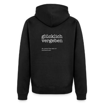 Glücklich vergeben - Unisex Premium Bio Zip Hoodie - Schwarz - Hinten - Nico (187cm)
