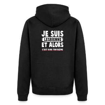 Humorous feminist t-shirt with a committed message - Unisex Premium Organic Zip Hoodie - black - Back - Nico (187cm)