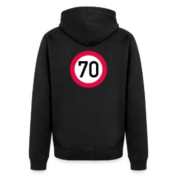 70 ans Attention ! Panneau de signalisation 70 km/h - Veste à capuche bio Premium Unisexe - noir - Dos - Nico (187cm)