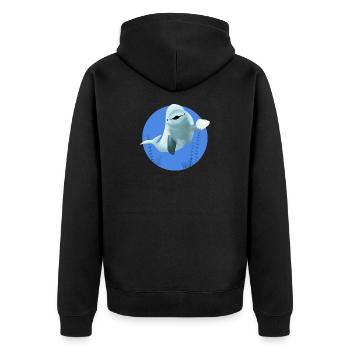 Beluga fröhlich in blauen Kreis - Unisex Premium Bio Zip Hoodie - Schwarz - Hinten - Nico (187cm)