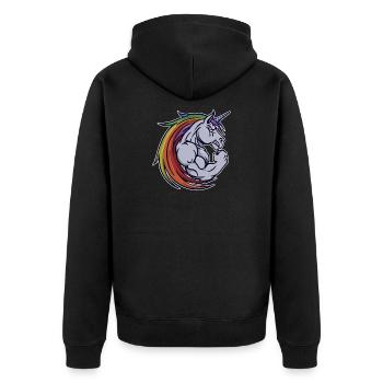 Muskeltraining Motivation Einhorn Fitnessstudio - Unisex Premium Bio Zip Hoodie - Schwarz - Hinten - Nico (187cm)