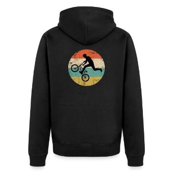 BMX Stunt Silhouette auf Retro Streifen - Unisex Premium Bio Zip Hoodie - Schwarz - Hinten - Nico (187cm)