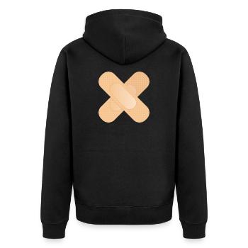 überkreuztes Heftpflaster als Gestaltungselement - Unisex Premium Bio Zip Hoodie - Schwarz - Hinten - Nico (187cm)