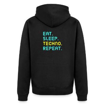 Eat. Sleep. Techno. Repeat. - Unisex Premium Bio Zip Hoodie - Schwarz - Hinten - Nico (187cm)