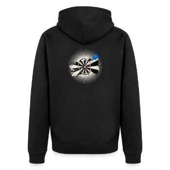 strahlende Dartscheibe mit blauen Dartpfeil - Unisex Premium Bio Zip Hoodie - Schwarz - Hinten - Nico (187cm)