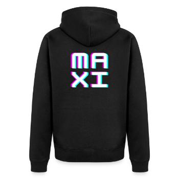 Maxi Glitch Namensschild Typografie Shirt - Unisex Premium Bio Zip Hoodie - Schwarz - Hinten - Nico (187cm)