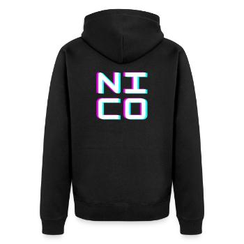 Nico Glitch Namensschild Typografie Shirt - Unisex Premium Bio Zip Hoodie - Schwarz - Hinten - Nico (187cm)