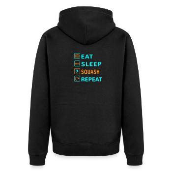 Essen. Schlafen. Squash. Wiederholen Design - Unisex Premium Bio Zip Hoodie - Schwarz - Hinten - Nico (187cm)