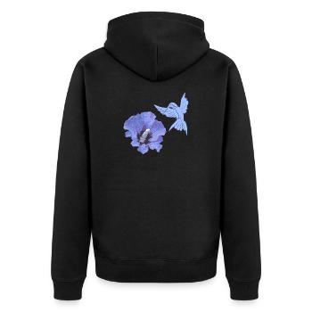 geschenke mit kolibris, Kolibrisilhouette Hibiskus - Unisex Premium Bio Zip Hoodie - Schwarz - Hinten - Nico (187cm)