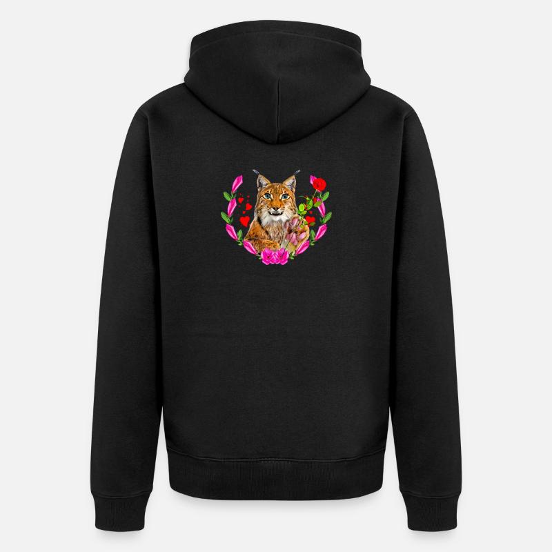 Chat lynx avec rose pour l’amour - Veste à capuche bio Premium Unisexe - noir