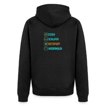 Essen. Schlafen. Reitsport. Wiederholen Design - Unisex Premium Bio Zip Hoodie - Schwarz - Hinten - Nico (187cm)