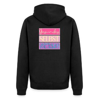 Gesundes Selbstvertrauen - SELBSTBEWUSSTSEIN - Unisex Premium Bio Zip Hoodie - Schwarz - Hinten - Nico (187cm)