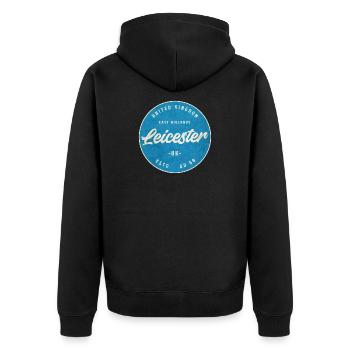 Leicester UK Vintage Circle Logo - Unisex Premium Organic Zip Hoodie - black - Back - Nico (187cm)