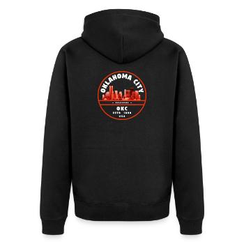 Oklahoma City Skyline Abzeichen - Unisex Premium Bio Zip Hoodie - Schwarz - Hinten - Nico (187cm)