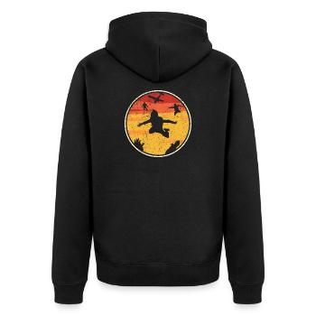 Skydiver Circle bei Sonnenuntergang - Unisex Premium Bio Zip Hoodie - Schwarz - Hinten - Nico (187cm)
