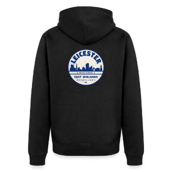 Leicester Skyline Rundlogo Ost Midlands - Unisex Premium Bio Zip Hoodie - Schwarz - Hinten - Nico (187cm)
