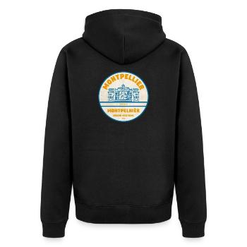 Montpellier Vintage Stadtlogo Sticker - Unisex Premium Bio Zip Hoodie - Schwarz - Hinten - Nico (187cm)