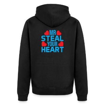 Liebesbotschaft mit farbigen Herzen - Unisex Premium Bio Zip Hoodie - Schwarz - Hinten - Nico (187cm)