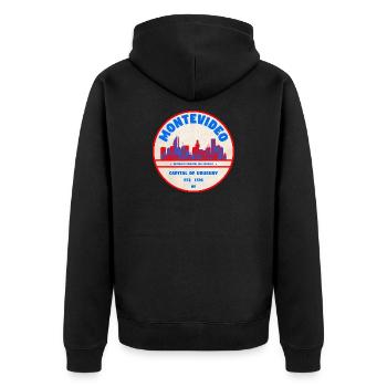 Montevideo Uruguay Skyline Emblem Design - Unisex Premium Bio Zip Hoodie - Schwarz - Hinten - Nico (187cm)