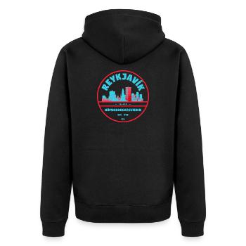Reykjavík Skyline Stadtbadge - Unisex Premium Bio Zip Hoodie - Schwarz - Hinten - Nico (187cm)