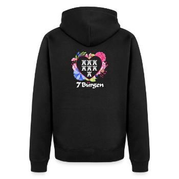 Siebenbürger Wappen mit Blumen Herz weiße Schrift - Unisex Premium Bio Zip Hoodie - Schwarz - Hinten - Nico (187cm)