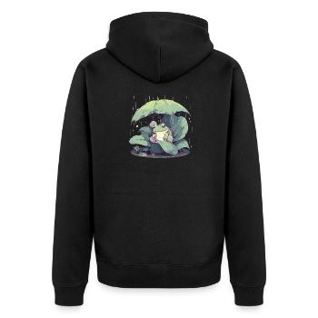 Frosch unter dem Schirm zwischen den Blättern - Unisex Premium Bio Zip Hoodie - Schwarz - Hinten - Nico (187cm)