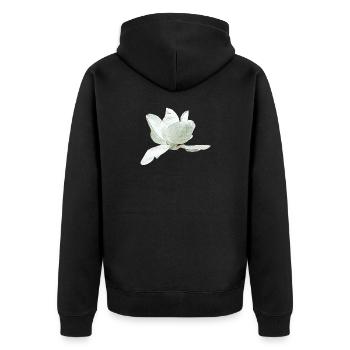 Ideen Muttertag, Magnolie seitlich - Unisex Premium Bio Zip Hoodie - Schwarz - Hinten - Nico (187cm)