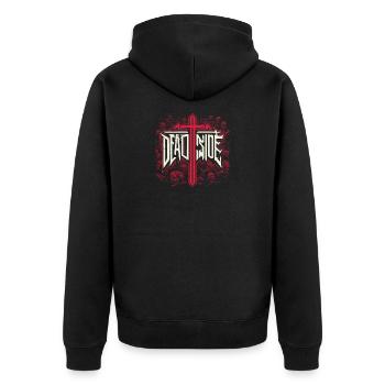 Höllisches Design mit Schwert und Totenköpfen - Unisex Premium Bio Zip Hoodie - Schwarz - Hinten - Nico (187cm)