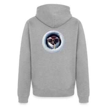 Pinguin mit Sonnenbrille und Strohhalm durch Eis - Unisex Premium Bio Zip Hoodie - Grau meliert - Hinten - Nico (187cm)