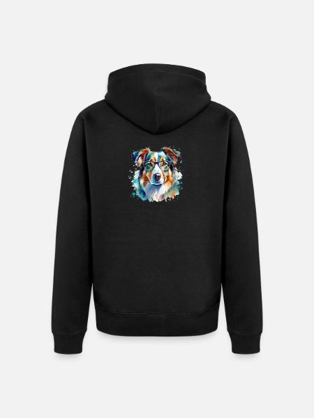 Owczarek australijski w okularach Akwarela - Ekologiczna rozpinana bluza z kapturem Premium unisex - czarny