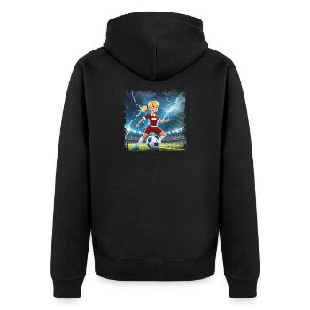 Fussballerin Comicfigur Stadion mit Blitzen - Unisex Premium Bio Zip Hoodie - Schwarz - Hinten - Nico (187cm)