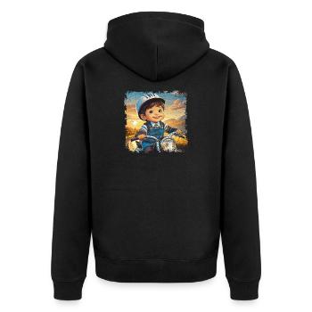 Kleiner Junge auf altem Motorrad - Unisex Premium Bio Zip Hoodie - Schwarz - Hinten - Nico (187cm)