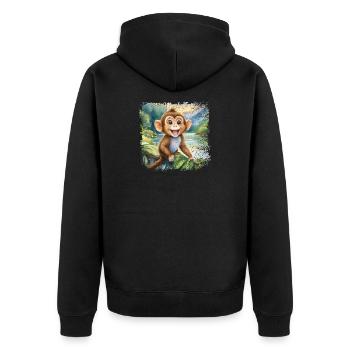Niedlicher junger Affe, fröhlich am Fluss - Unisex Premium Bio Zip Hoodie - Schwarz - Hinten - Nico (187cm)