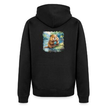 Cute young beaver with mobile phone - Unisex Premium Organic Zip Hoodie - black - Back - Nico (187cm)