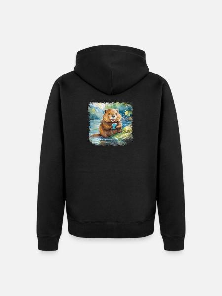 Mignon jeune castor avec téléphone portable - Veste à capuche bio Premium Unisexe - noir