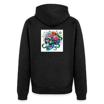 Aquarell blauer Totenkopf und Schlangen - Unisex Premium Bio Zip Hoodie - Schwarz - Hinten - Nico (187cm)