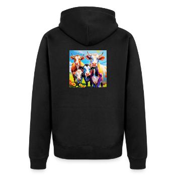 Lebendiges, farbenfrohes Kuhherden-Design - Unisex Premium Bio Zip Hoodie - Schwarz - Hinten - Nico (187cm)